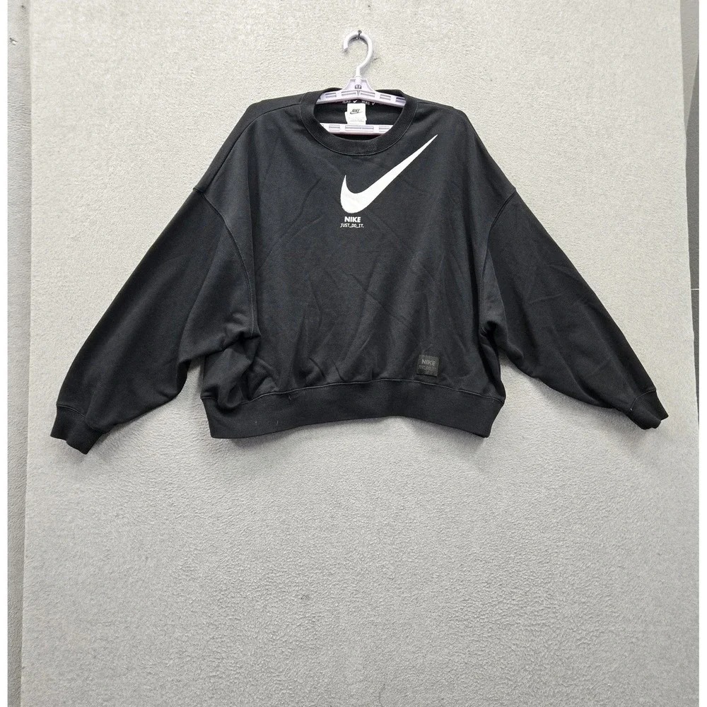 Nike Women Sweatshirt S Black Oversized Swoosh Spellout Logo Just Do It Pullover